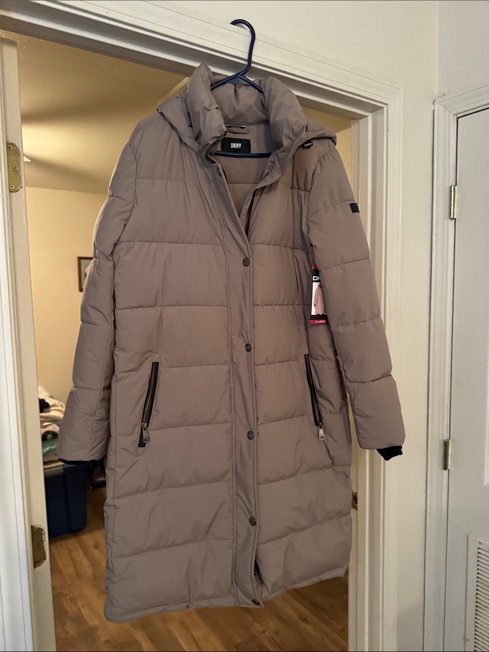 DKNY Taupe Long Quilted Puffer Coat with Hood